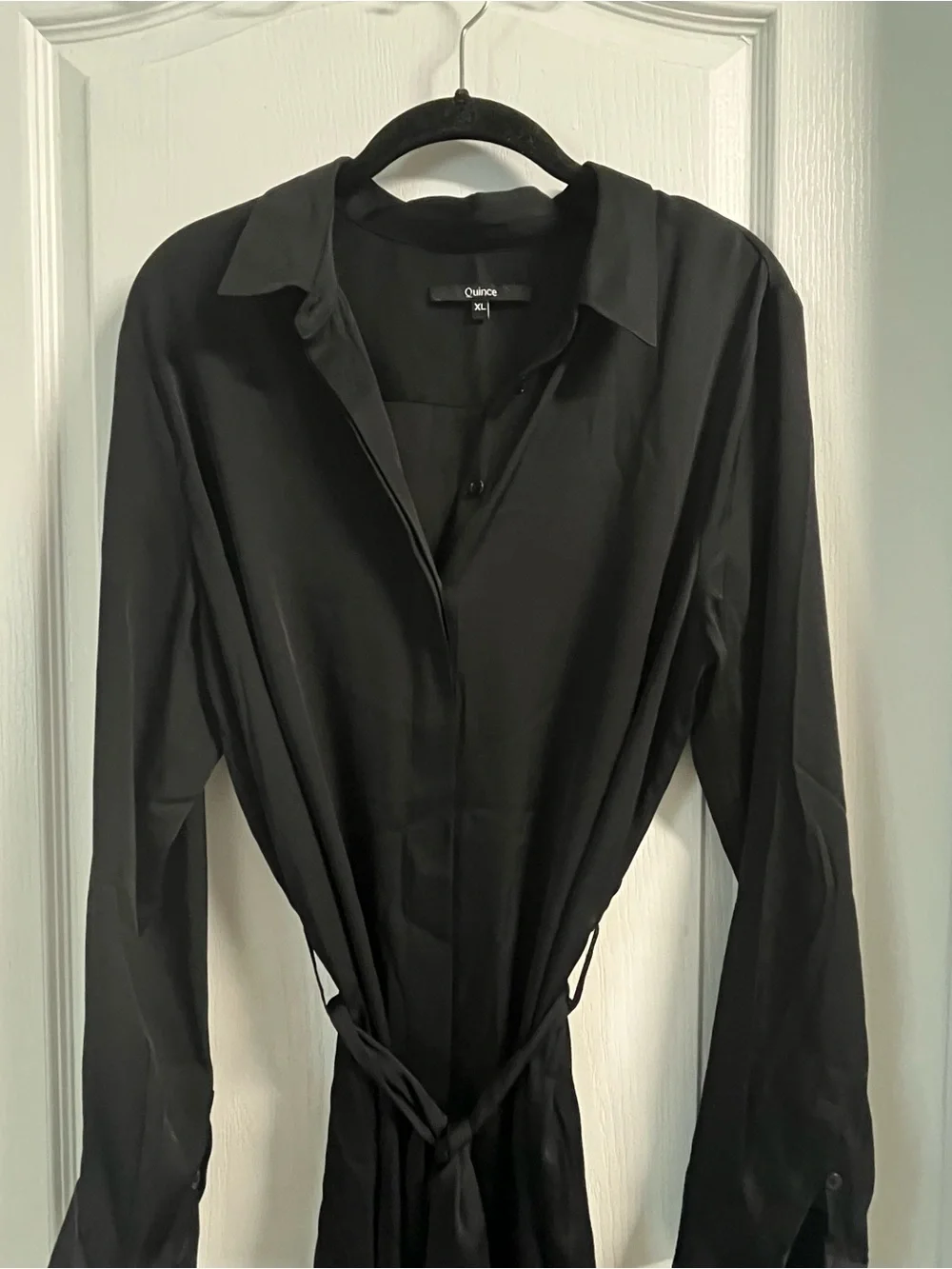 Quince Black Long Sleeve Shirt Dress with Waist Tie